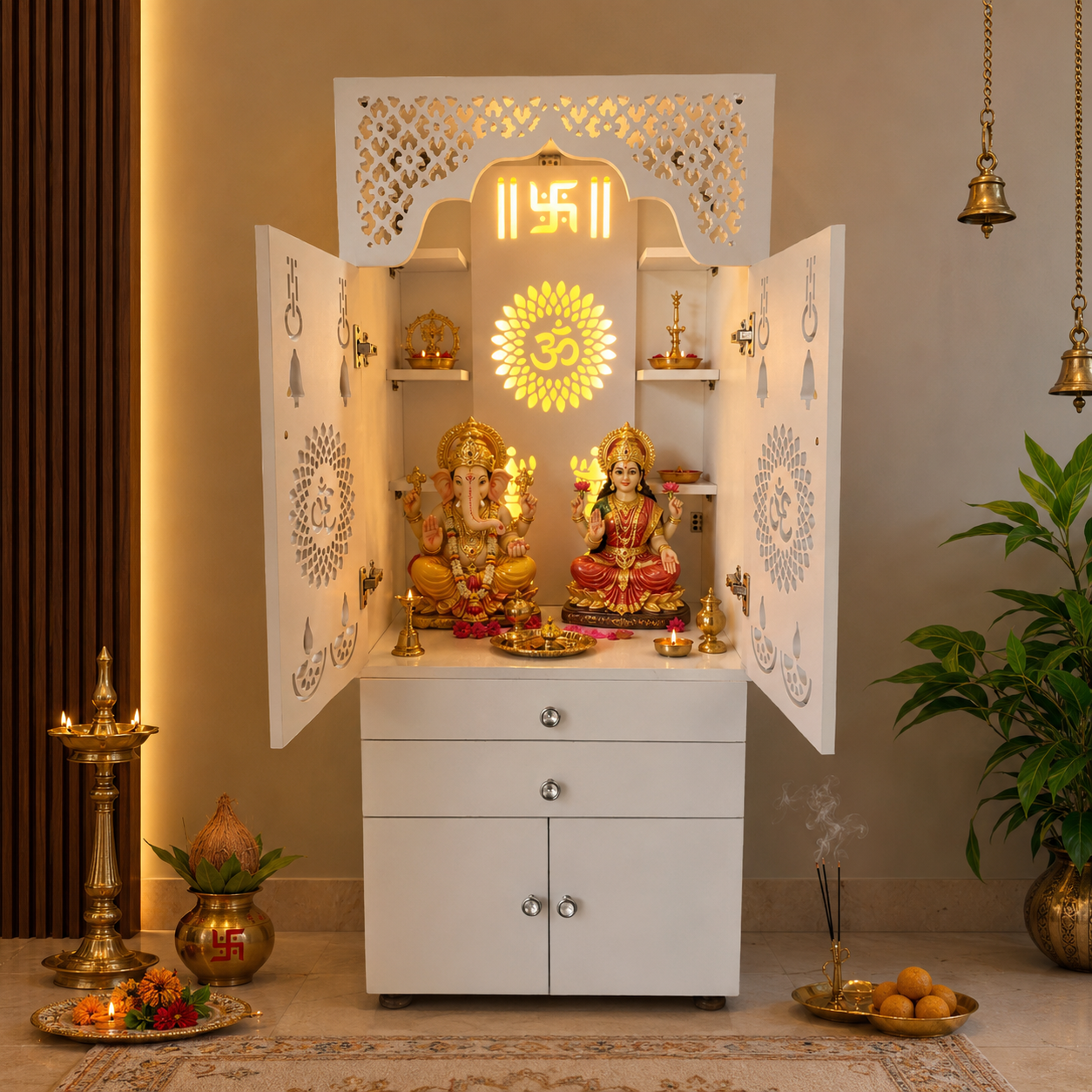 Beautiful White Wooden Floor Temple for Home & Office with LED Swastik OM Panel Drawer & Cabinet Storage