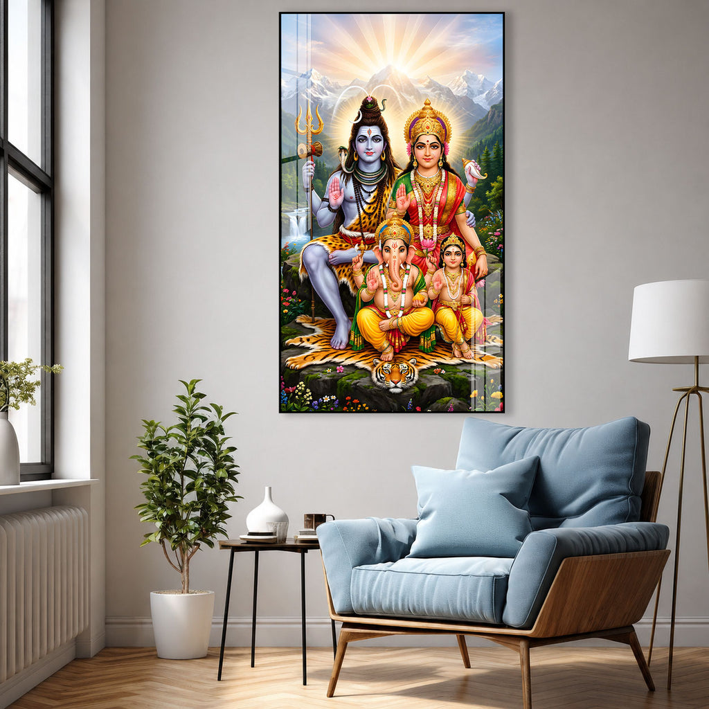 Lord Shiva Family HD Acrylic Wall Painting with Himalayan View