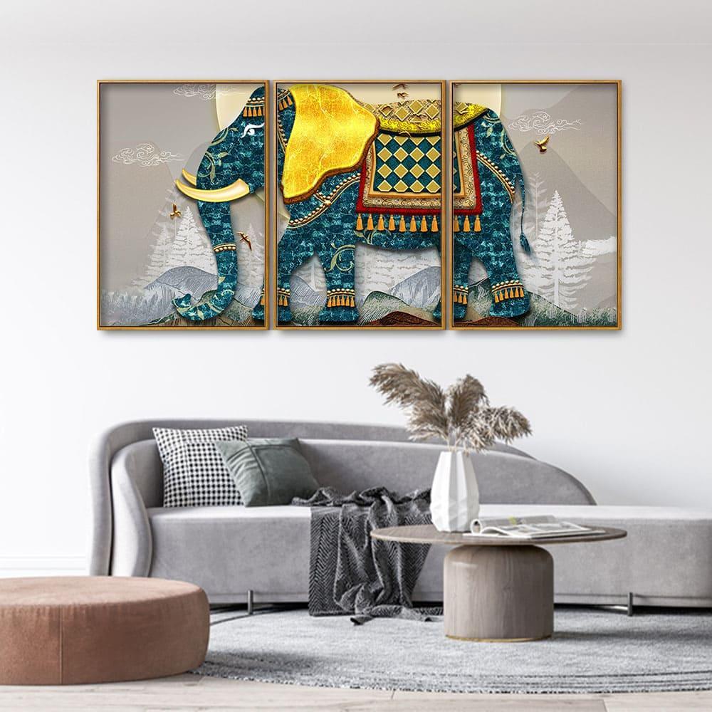 Classic and Royal Elephant with Golden Tusks Floating Canvas Wall Painting Set of Three - Decor Mantra 