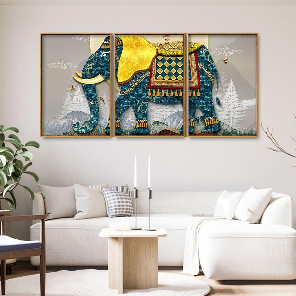 Classic and Royal Elephant with Golden Tusks Floating Canvas Wall Painting Set of Three - Decor Mantra 