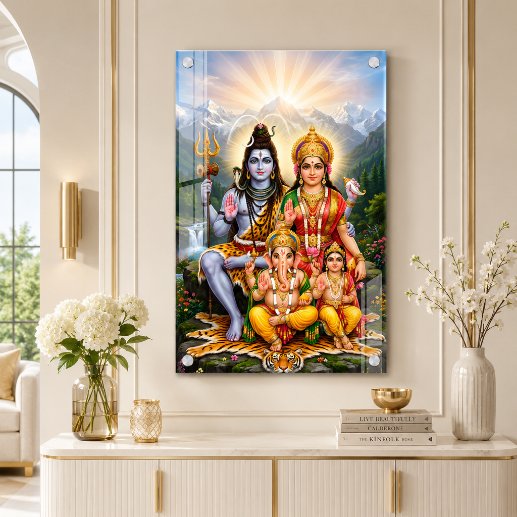 Lord Shiva Family HD Acrylic Wall Painting with Himalayan View