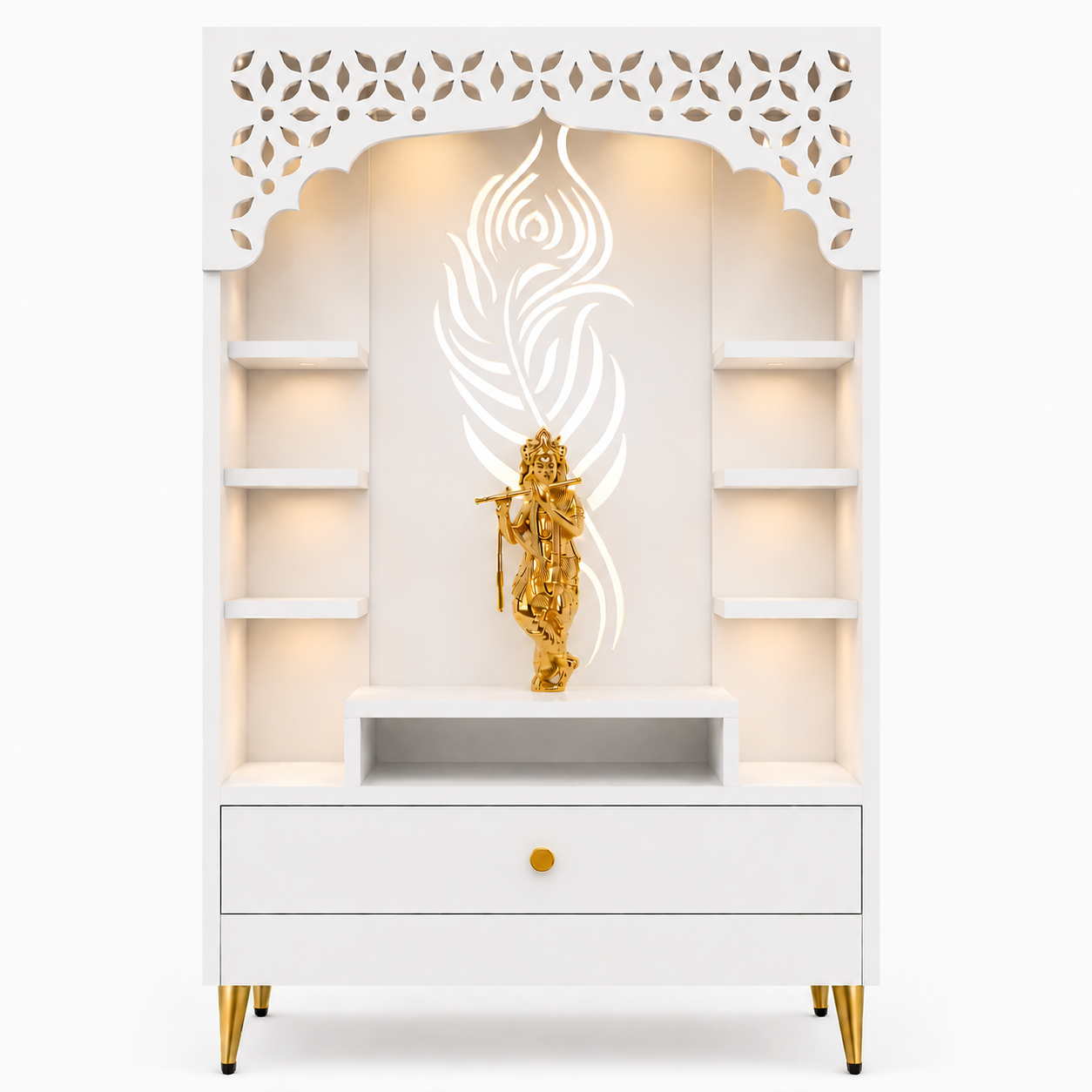 Designer Floor Pooja Mandir with LED Panel and Krishna Theme