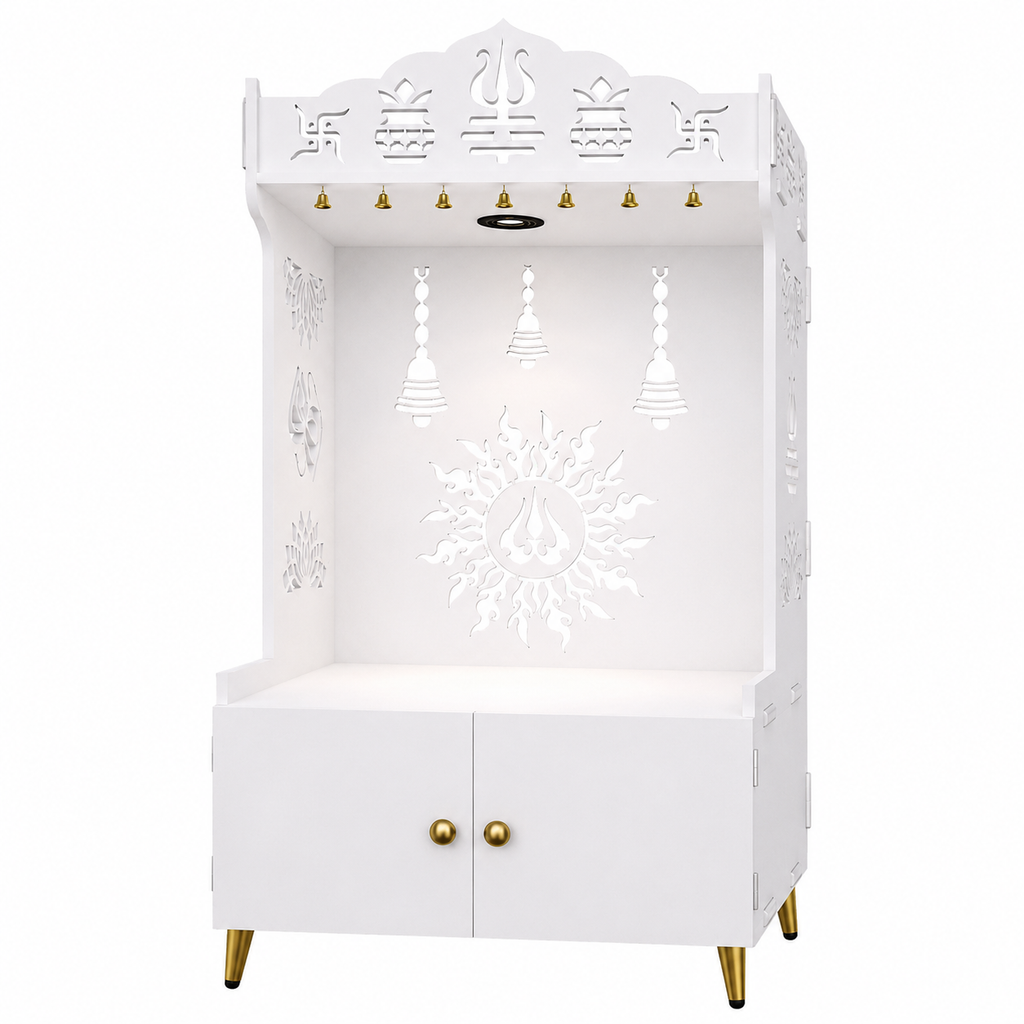 White Wooden Floor Pooja Mandir with Trishul & Kalash Design Laser-Cut Bell & Lotus Motifs & Storage Cabinet