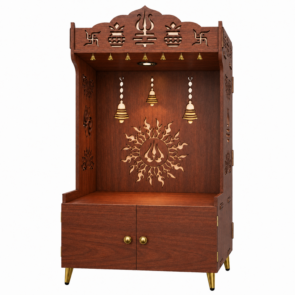 White Wooden Floor Pooja Mandir with Trishul & Kalash Design Laser-Cut Bell & Lotus Motifs & Storage Cabinet