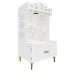 White Wooden Floor Pooja Mandir with Trishul & Kalash Design Laser-Cut Bell & Lotus Motifs & Storage Cabinet