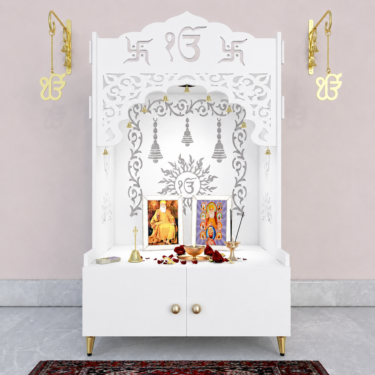 White Wooden Floor Pooja Mandir with Ik Onkar & Swastik Design Ornate Arch Laser-Cut Bell Motifs &Cabinet