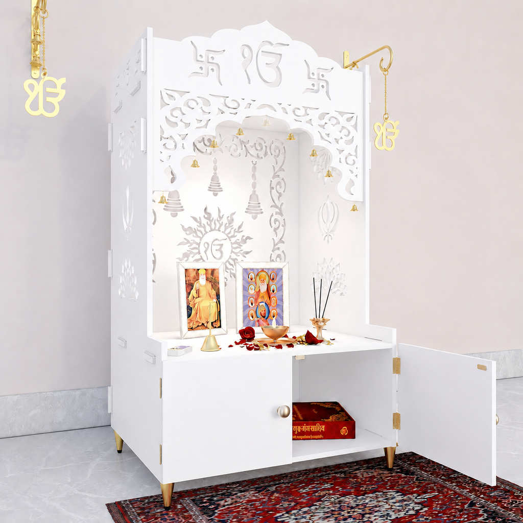 White Wooden Floor Pooja Mandir with Ik Onkar & Swastik Design Ornate Arch Laser-Cut Bell Motifs &Cabinet
