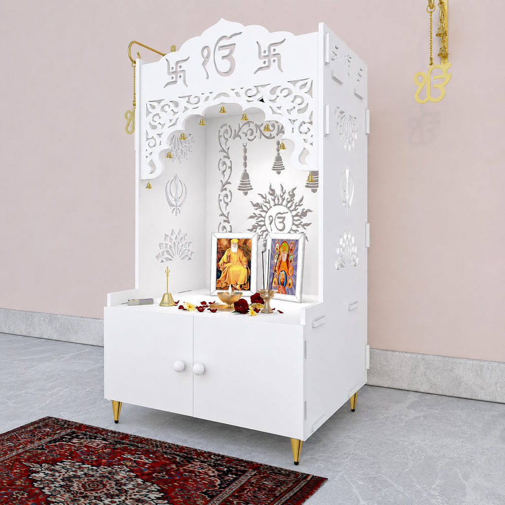 White Wooden Floor Pooja Mandir with Ik Onkar & Swastik Design Ornate Arch Laser-Cut Bell Motifs &Cabinet