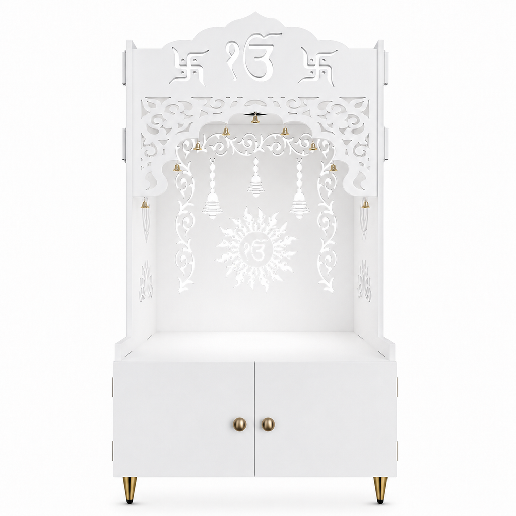 White Wooden Floor Pooja Mandir with Ik Onkar & Swastik Design Ornate Arch Laser-Cut Bell Motifs &Cabinet