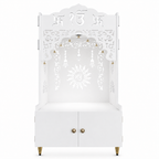 White Wooden Floor Pooja Mandir with Ik Onkar & Swastik Design Ornate Arch Laser-Cut Bell Motifs &Cabinet
