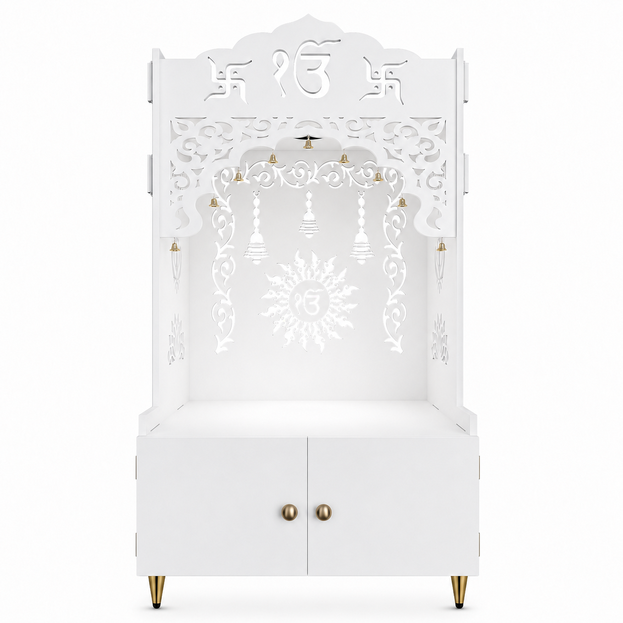 White Wooden Floor Pooja Mandir with Ik Onkar & Swastik Design Ornate Arch Laser-Cut Bell Motifs &Cabinet