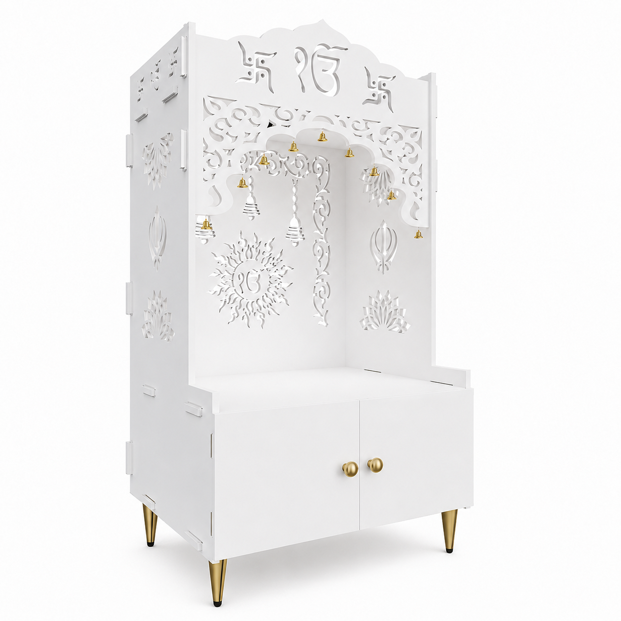 White Wooden Floor Pooja Mandir with Ik Onkar & Swastik Design Ornate Arch Laser-Cut Bell Motifs &Cabinet