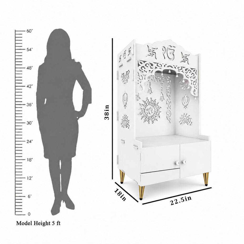 White Wooden Floor Pooja Mandir with Ik Onkar & Swastik Design Ornate Arch Laser-Cut Bell Motifs &Cabinet