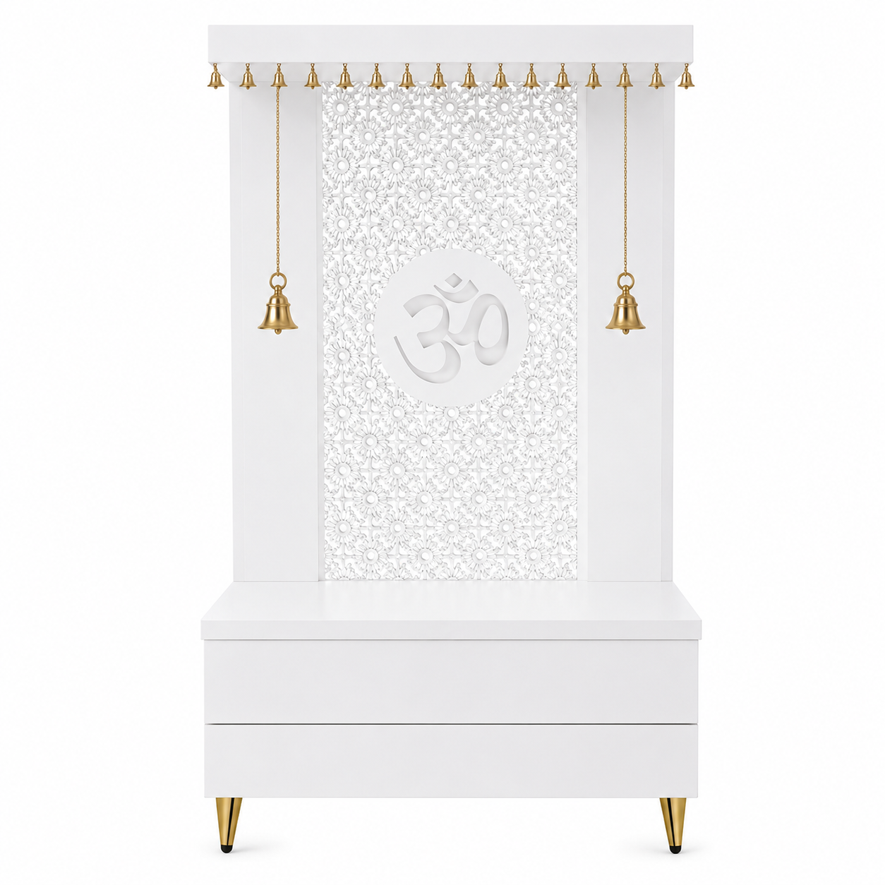 Elegant Wooden Temple with Om Cutwork and Dual Storage Drawers