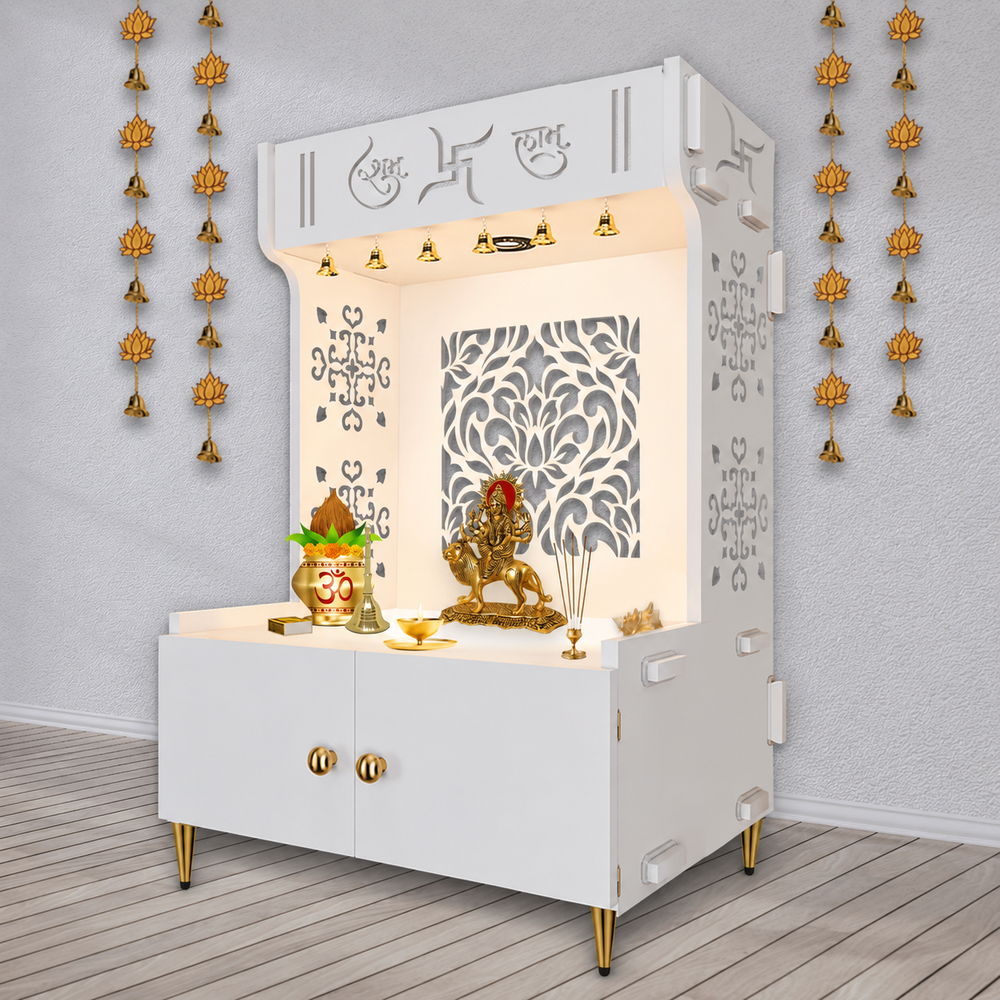 Designer Intricate Jali Design Pattern Floor Temple with Spacious Wooden Shelf & Inbuilt Focus Light- White Finish