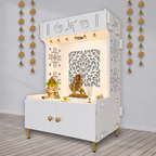 Designer Intricate Jali Design Pattern Floor Temple with Spacious Wooden Shelf & Inbuilt Focus Light- White Finish
