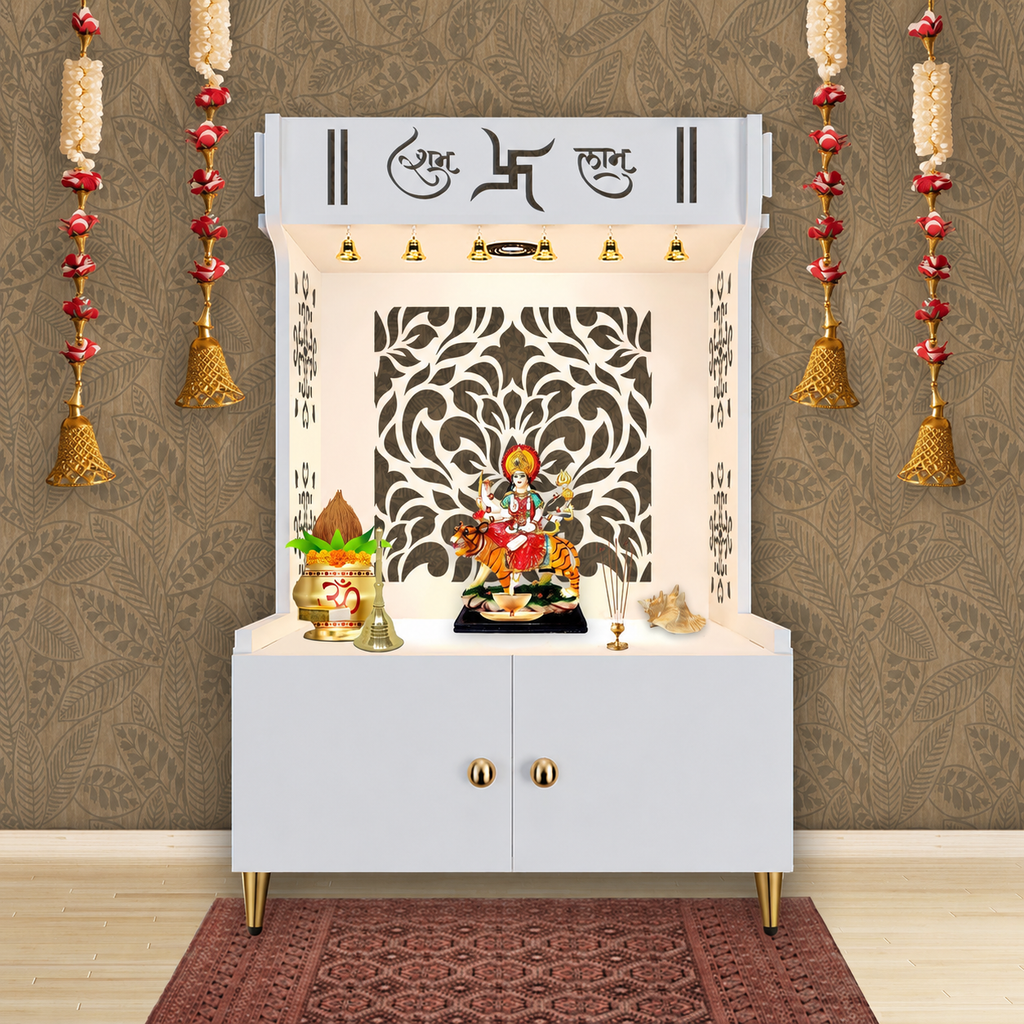 Designer Intricate Jali Design Pattern Floor Temple with Spacious Wooden Shelf & Inbuilt Focus Light- White Finish