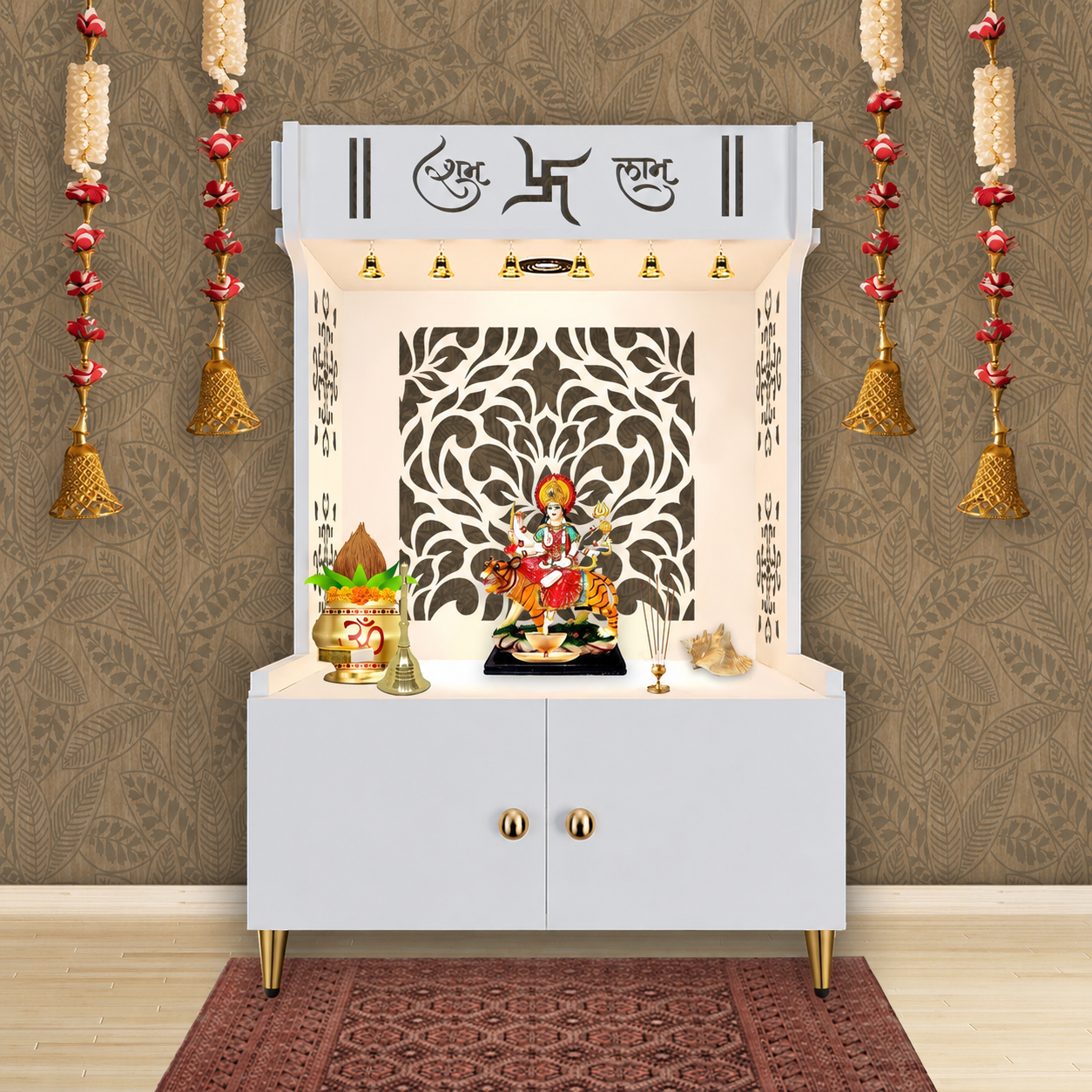 Designer Intricate Jali Design Pattern Floor Temple with Spacious Wooden Shelf & Inbuilt Focus Light- White Finish