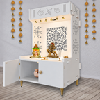 Designer Intricate Jali Design Pattern Floor Temple with Spacious Wooden Shelf & Inbuilt Focus Light- White Finish