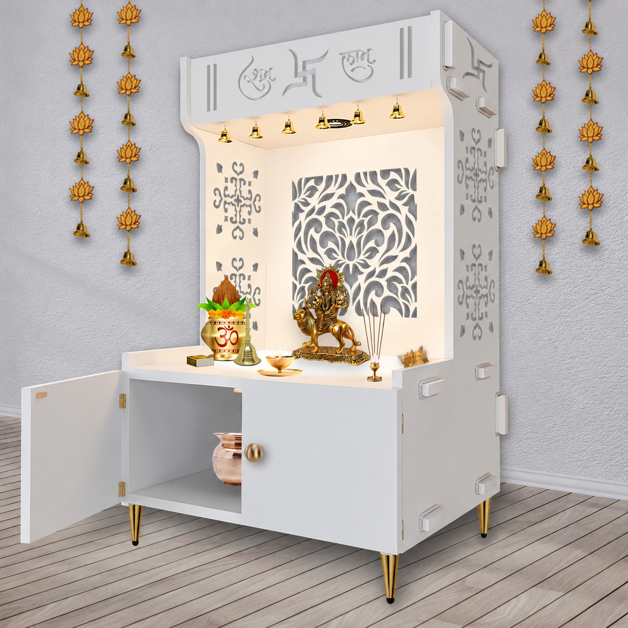 Designer Intricate Jali Design Pattern Floor Temple with Spacious Wooden Shelf & Inbuilt Focus Light- White Finish