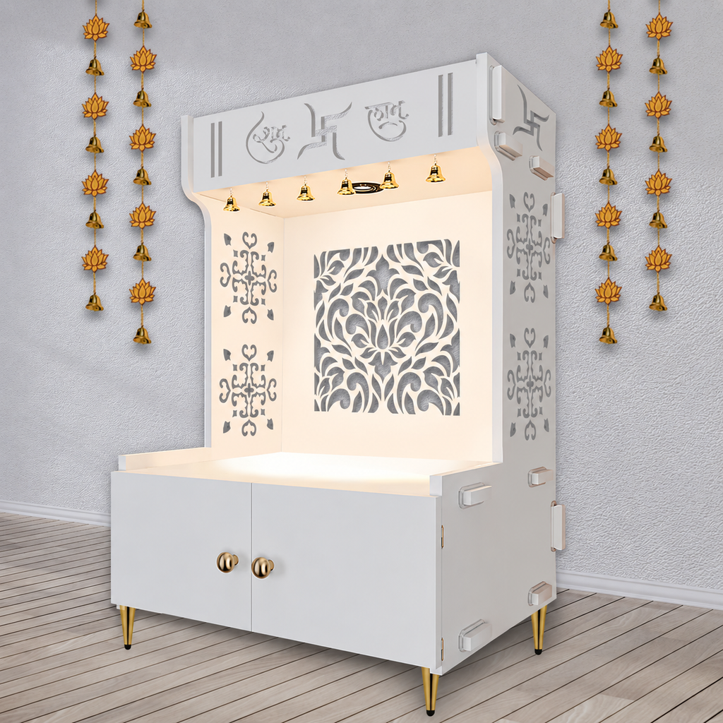 Designer Intricate Jali Design Pattern Floor Temple with Spacious Wooden Shelf & Inbuilt Focus Light- White Finish