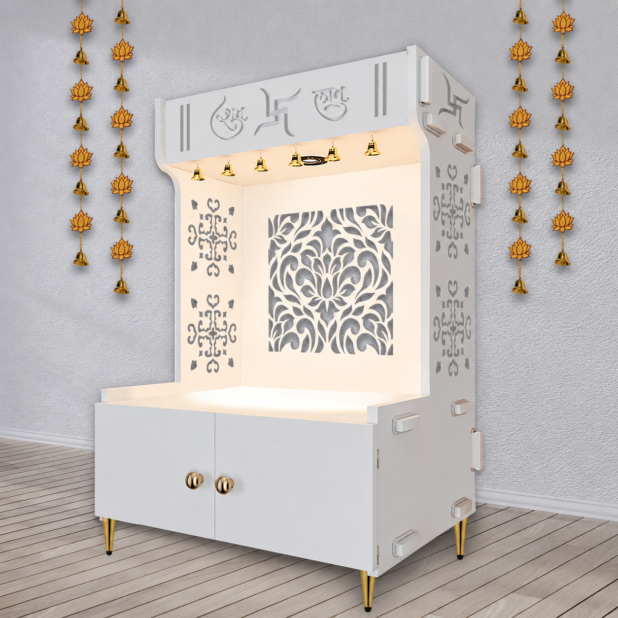 Designer Intricate Jali Design Pattern Floor Temple with Spacious Wooden Shelf & Inbuilt Focus Light- White Finish