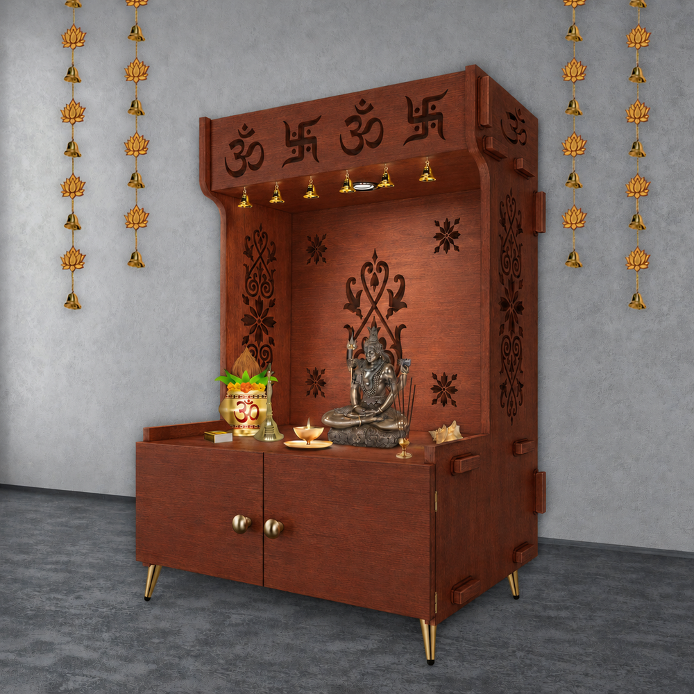 OM Swastika Symbol of Hindu Religious Floor Temple with Spacious Wooden Shelf & Inbuilt Focus Light- Brown Finish