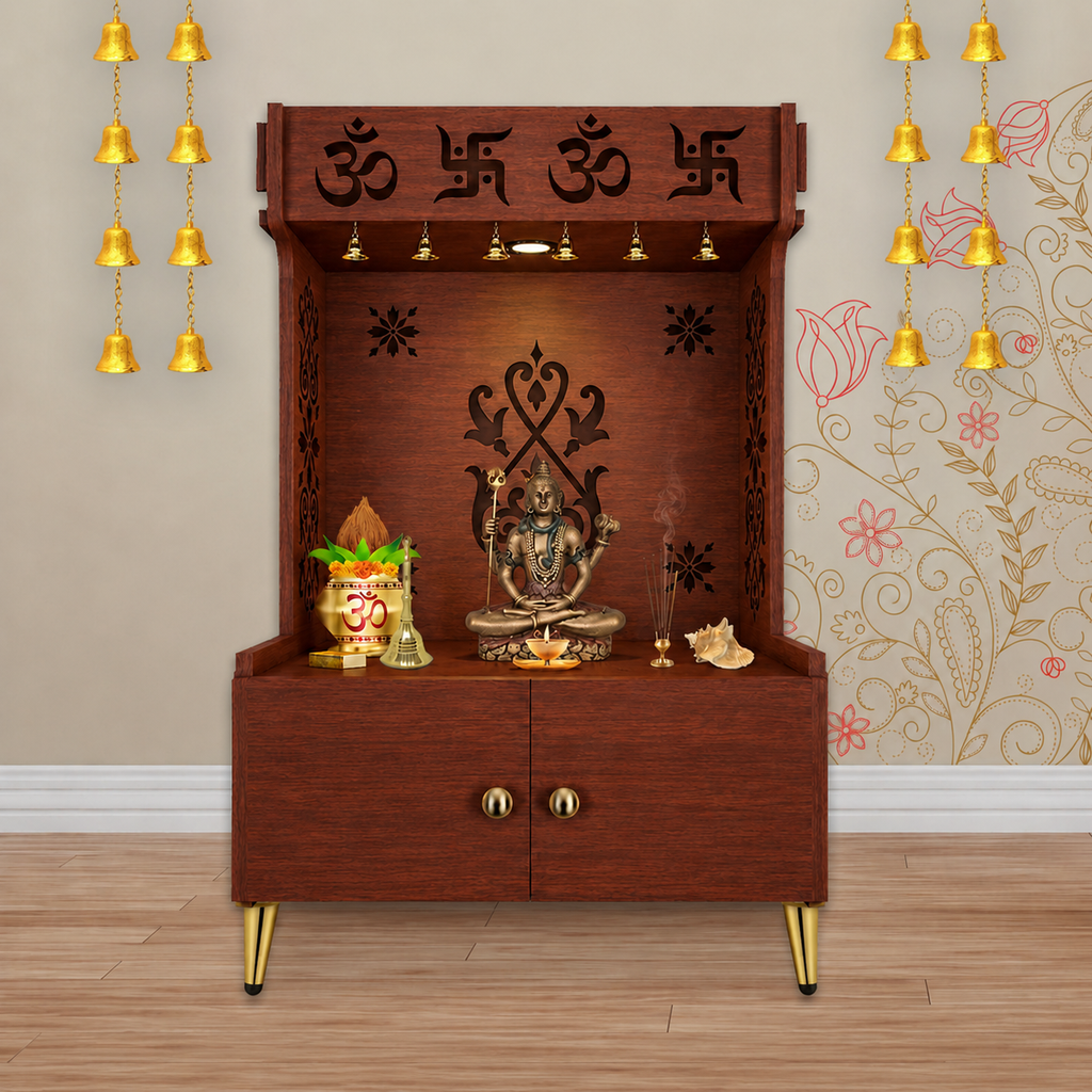 OM Swastika Symbol of Hindu Religious Floor Temple with Spacious Wooden Shelf & Inbuilt Focus Light- Brown Finish