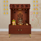 OM Swastika Symbol of Hindu Religious Floor Temple with Spacious Wooden Shelf & Inbuilt Focus Light- Brown Finish