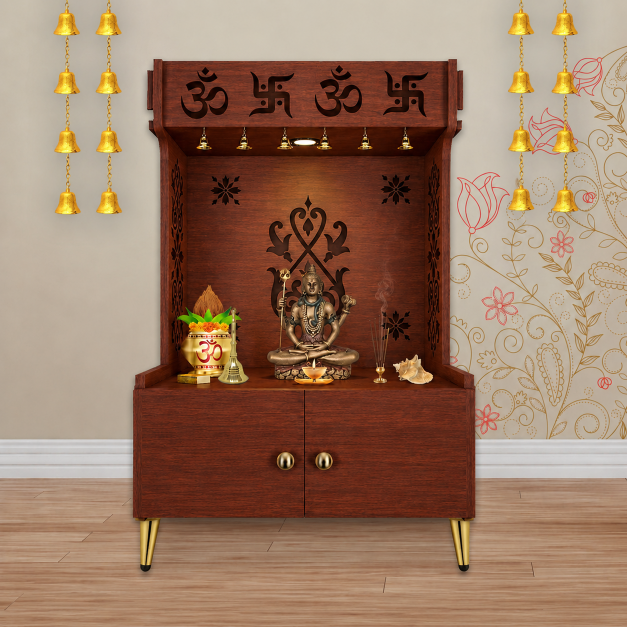 OM Swastika Symbol of Hindu Religious Floor Temple with Spacious Wooden Shelf & Inbuilt Focus Light- Brown Finish