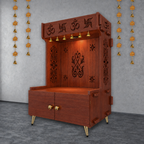 OM Swastika Symbol of Hindu Religious Floor Temple with Spacious Wooden Shelf & Inbuilt Focus Light- Brown Finish
