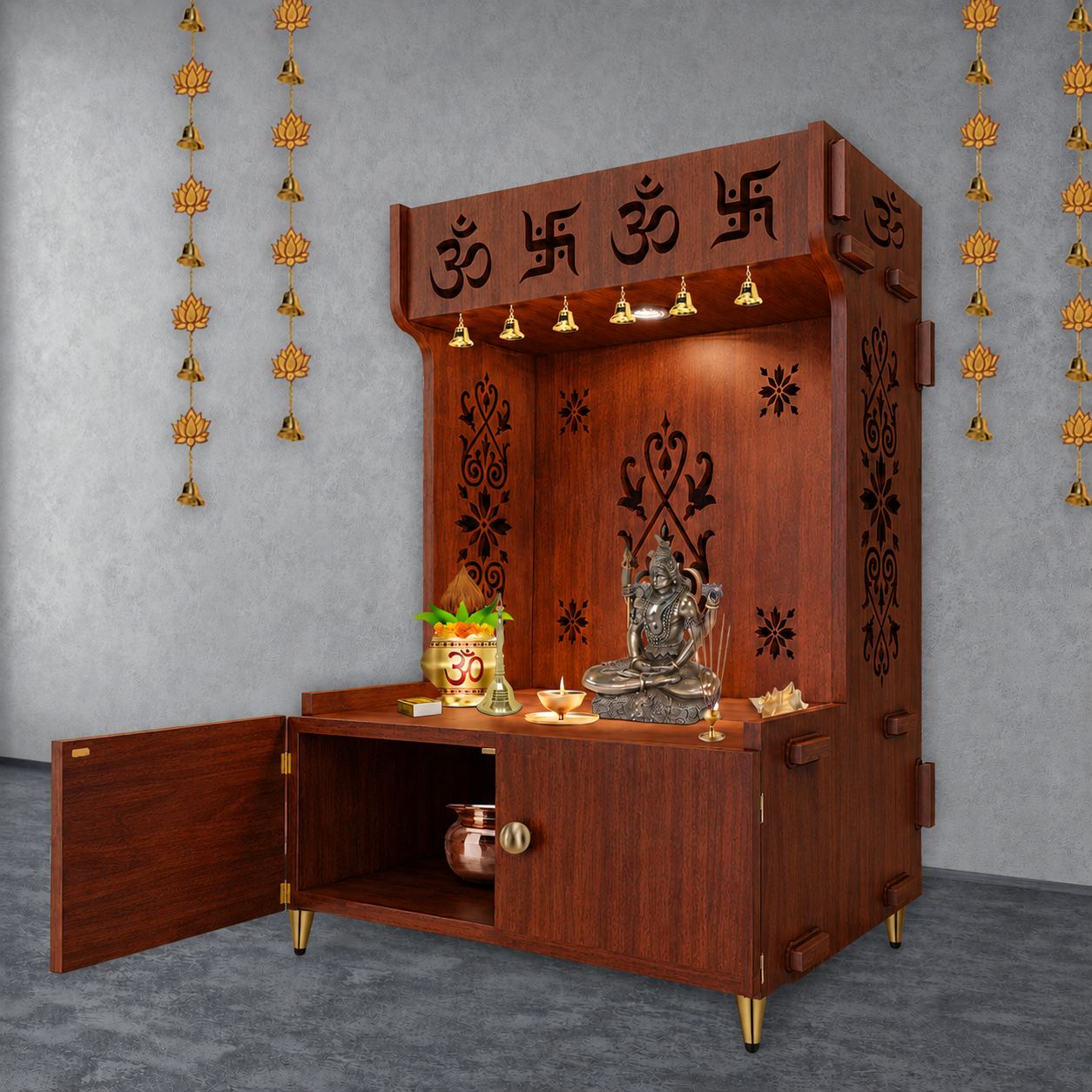 OM Swastika Symbol of Hindu Religious Floor Temple with Spacious Wooden Shelf & Inbuilt Focus Light- Brown Finish