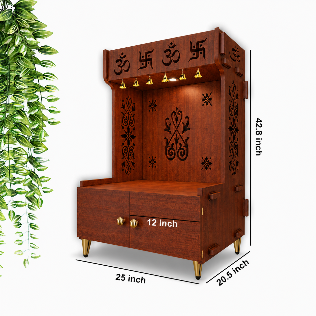 OM Swastika Symbol of Hindu Religious Floor Temple with Spacious Wooden Shelf & Inbuilt Focus Light- Brown Finish