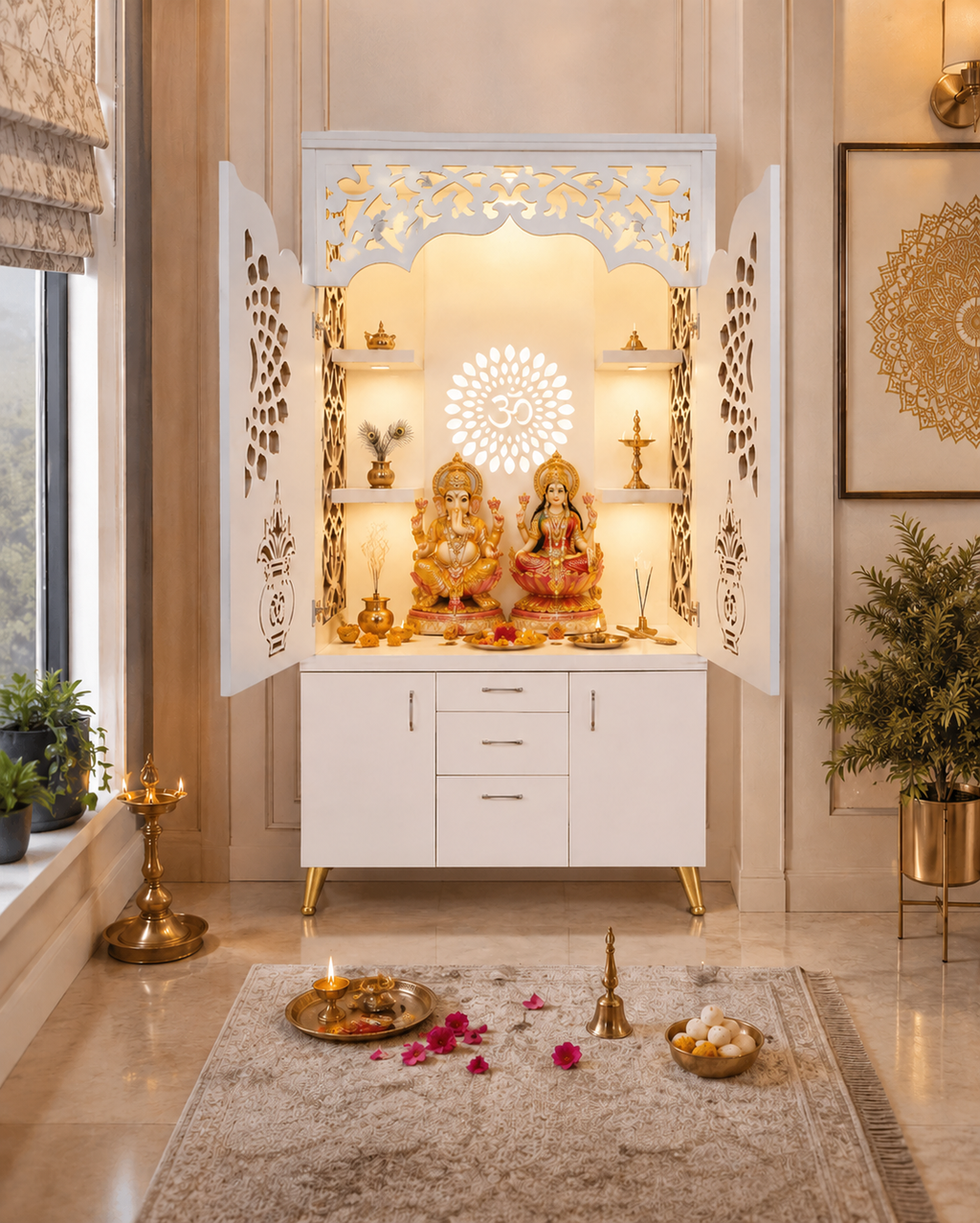Decorative Wooden Temple With Doors Shelves And Storage Base