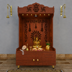 Premium White Wooden Floor Pooja Mandir with Laser-Cut Om Design & Storage Cabinet