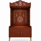 Premium White Wooden Floor Pooja Mandir with Laser-Cut Om Design & Storage Cabinet