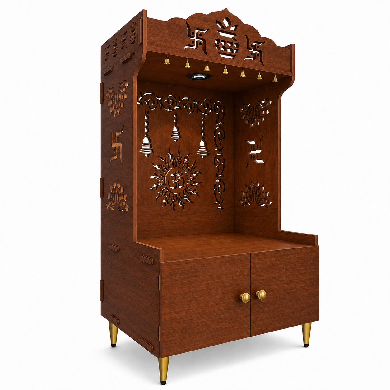 Premium White Wooden Floor Pooja Mandir with Laser-Cut Om Design & Storage Cabinet
