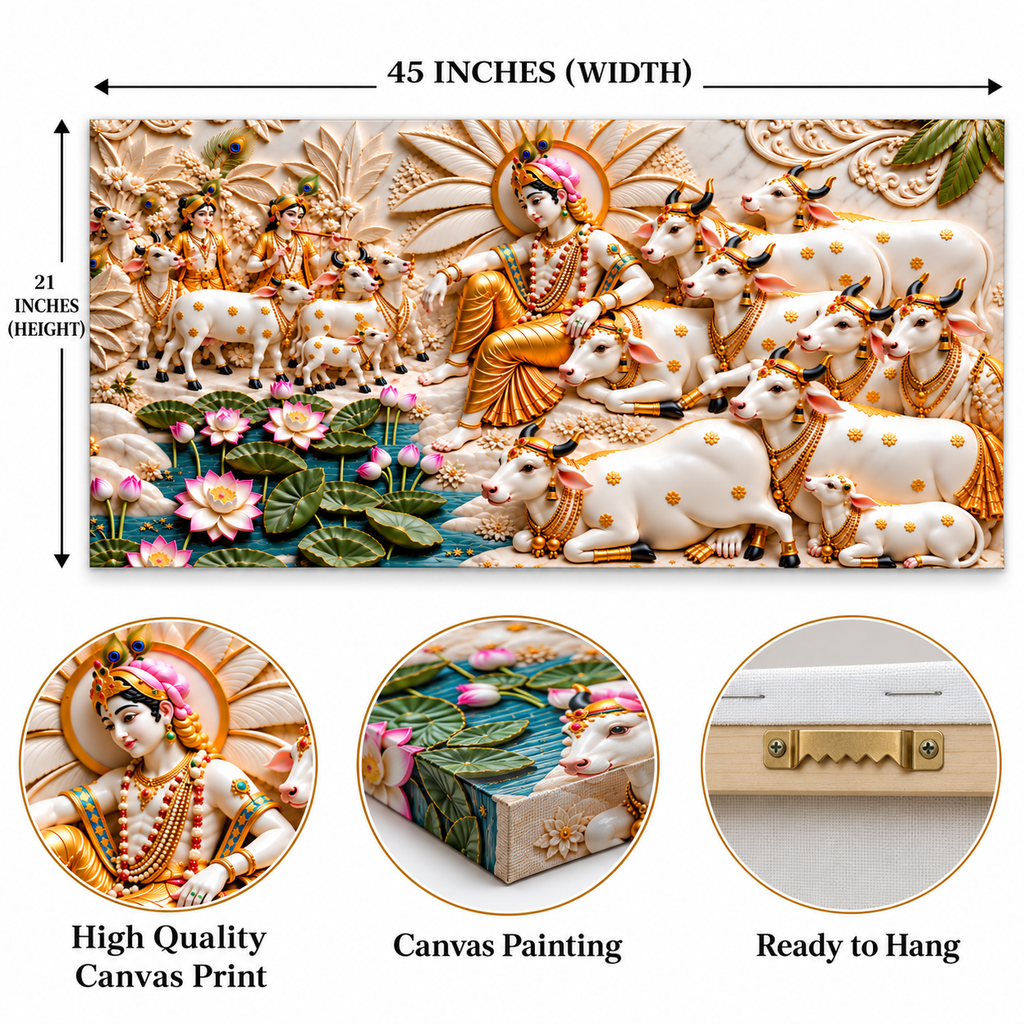 Divine 3D Krishna Cow Painting – Sacred Cows, Lotus Flowers & Gold Embossed Artwork