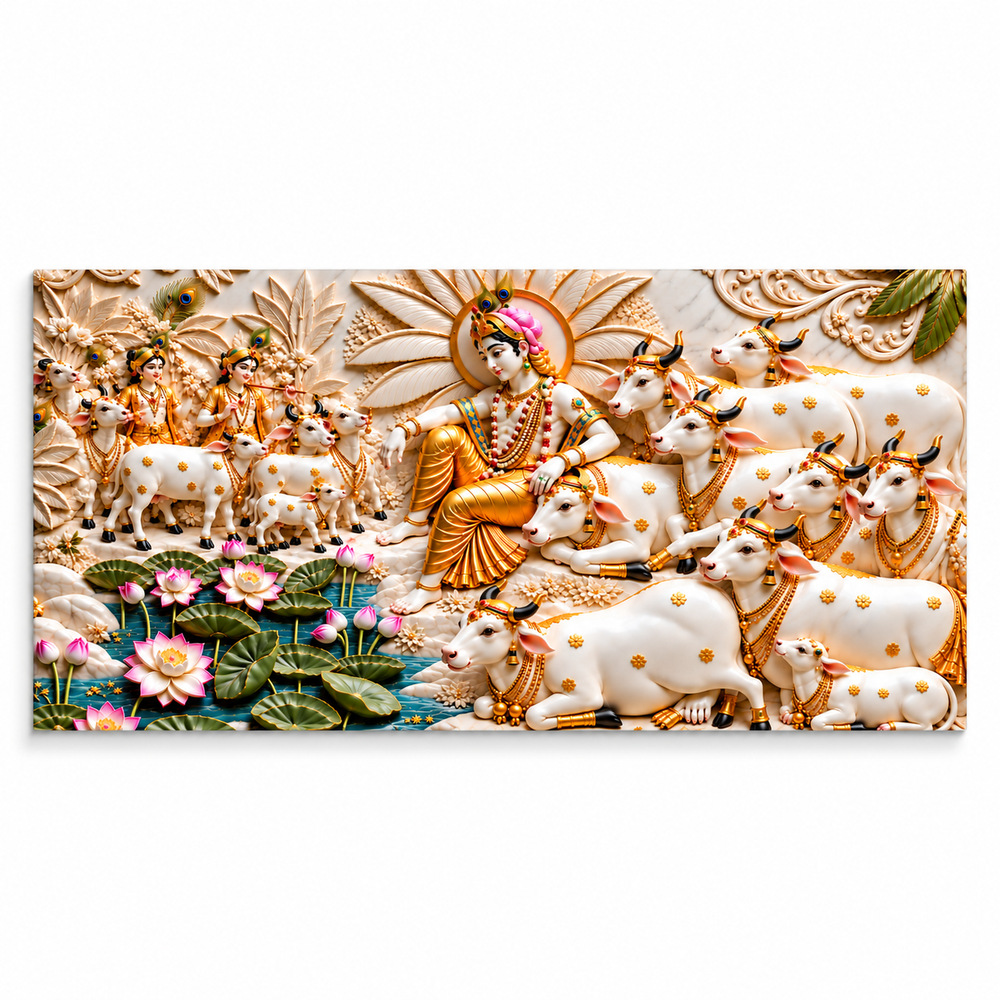 Divine 3D Krishna Cow Painting – Sacred Cows, Lotus Flowers & Gold Embossed Artwork