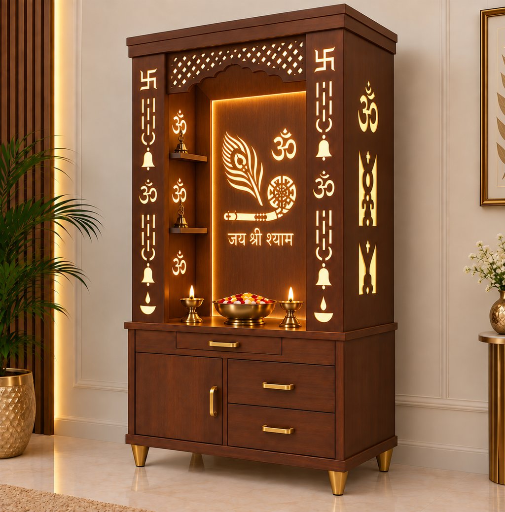 Lavish White Finish Wooden Floor Temple with Jai Shree Shyam and Murli LED Back Panel & Spacious Drawer Storage Cabinet for Home & Office