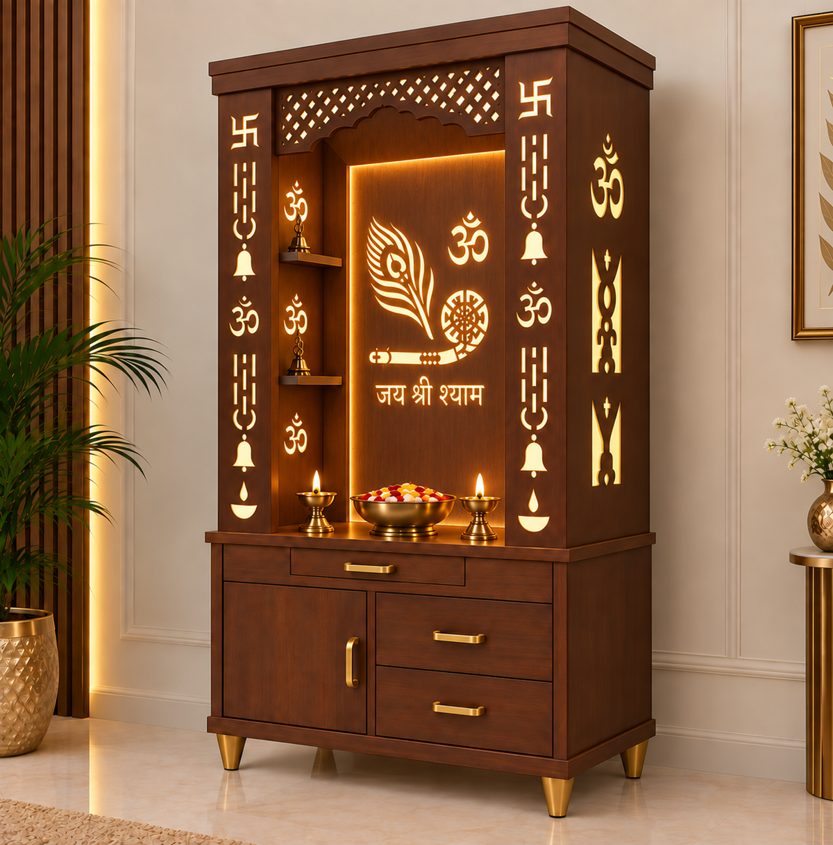 Lavish White Finish Wooden Floor Temple with Jai Shree Shyam and Murli LED Back Panel & Spacious Drawer Storage Cabinet for Home & Office