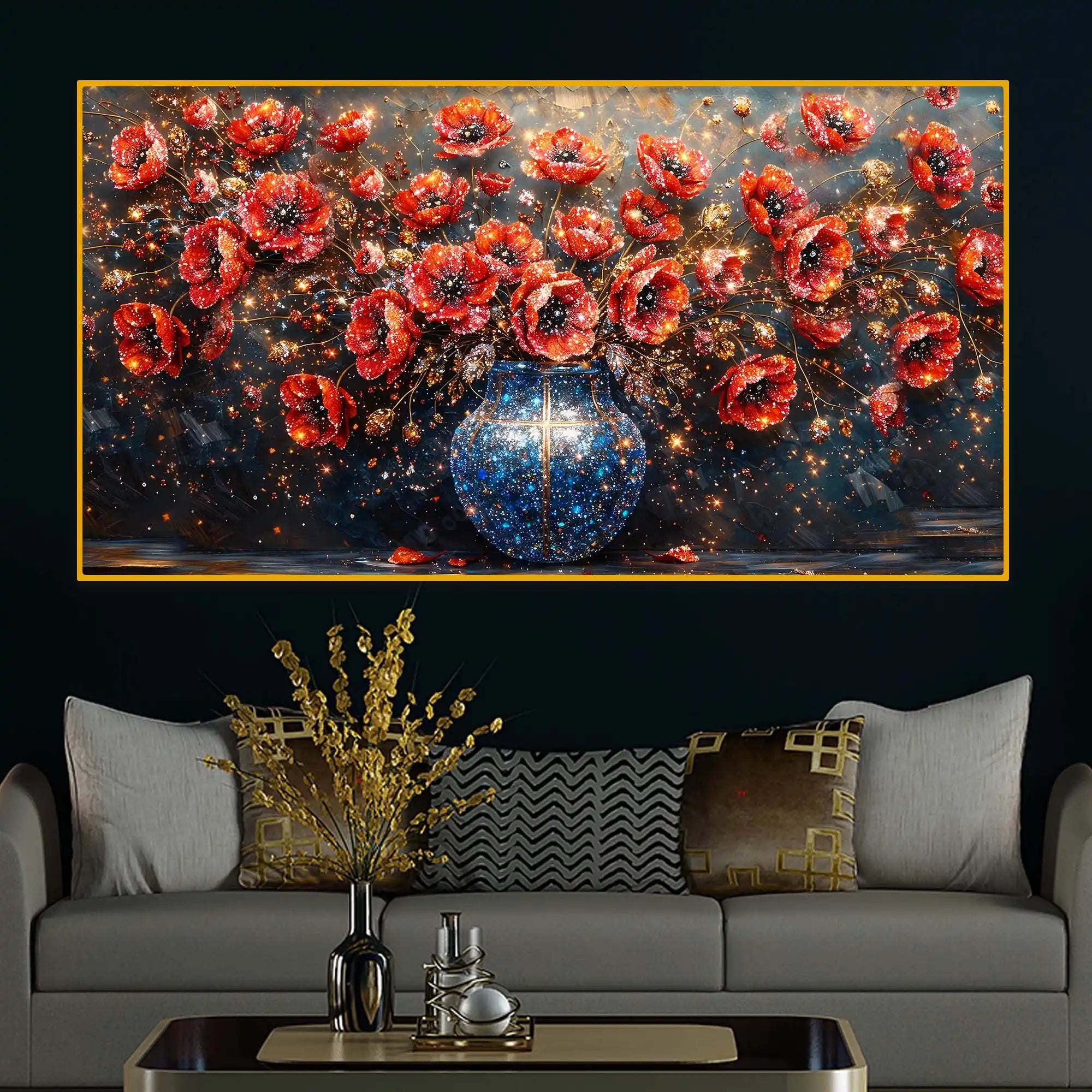 Designer Sparkling Floral Vase Crystal Glass Wall Painting for Modern Interior Décor