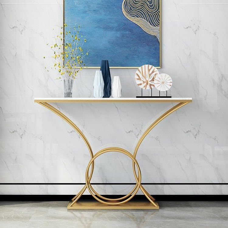 Artistic Marble Console Table with Gold Circular and Curved Frame