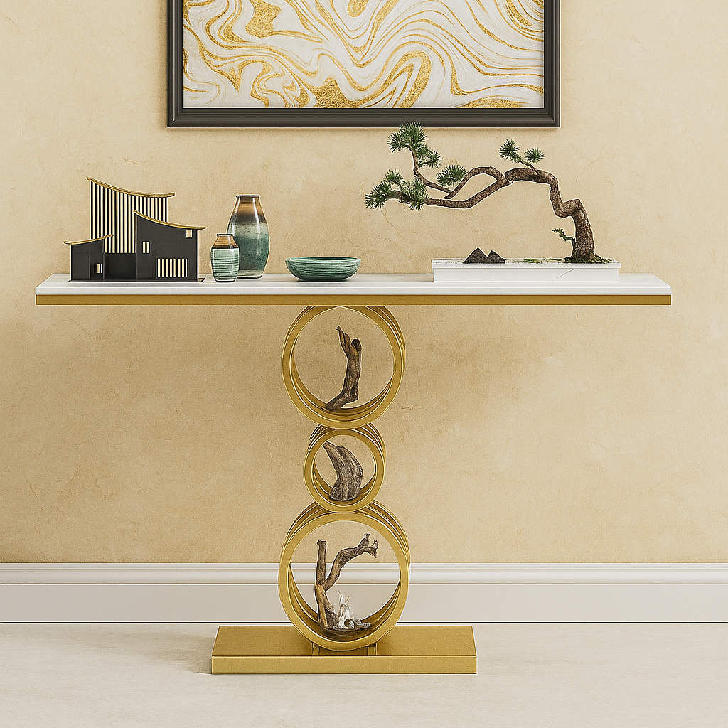 Artistic Triple Ring Gold Base Marble Console Table