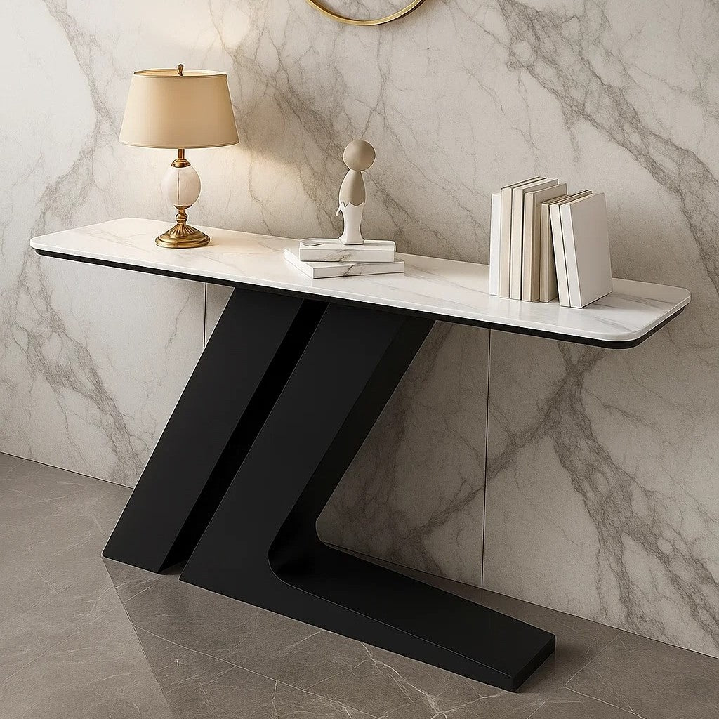 Elegant Marble Console Table with Unique Black Geometric Base