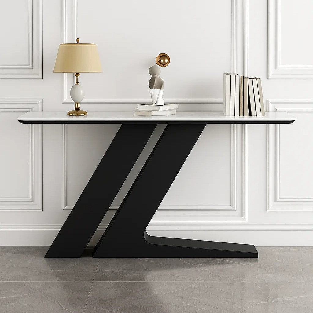 Elegant Marble Console Table with Unique Black Geometric Base