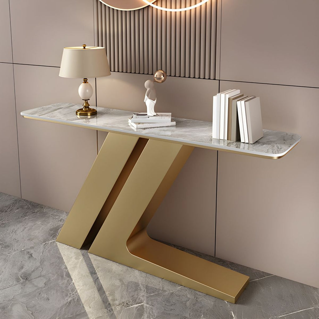Elegant Marble Console Table with Unique Gold Geometric Base