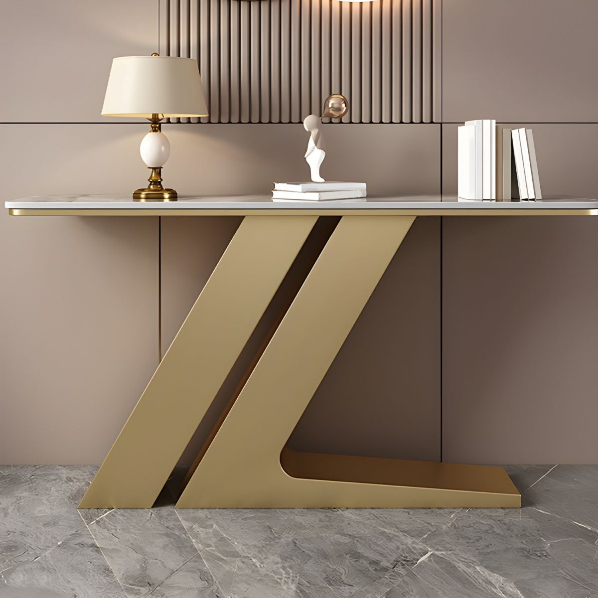 Elegant Marble Console Table with Unique Gold Geometric Base