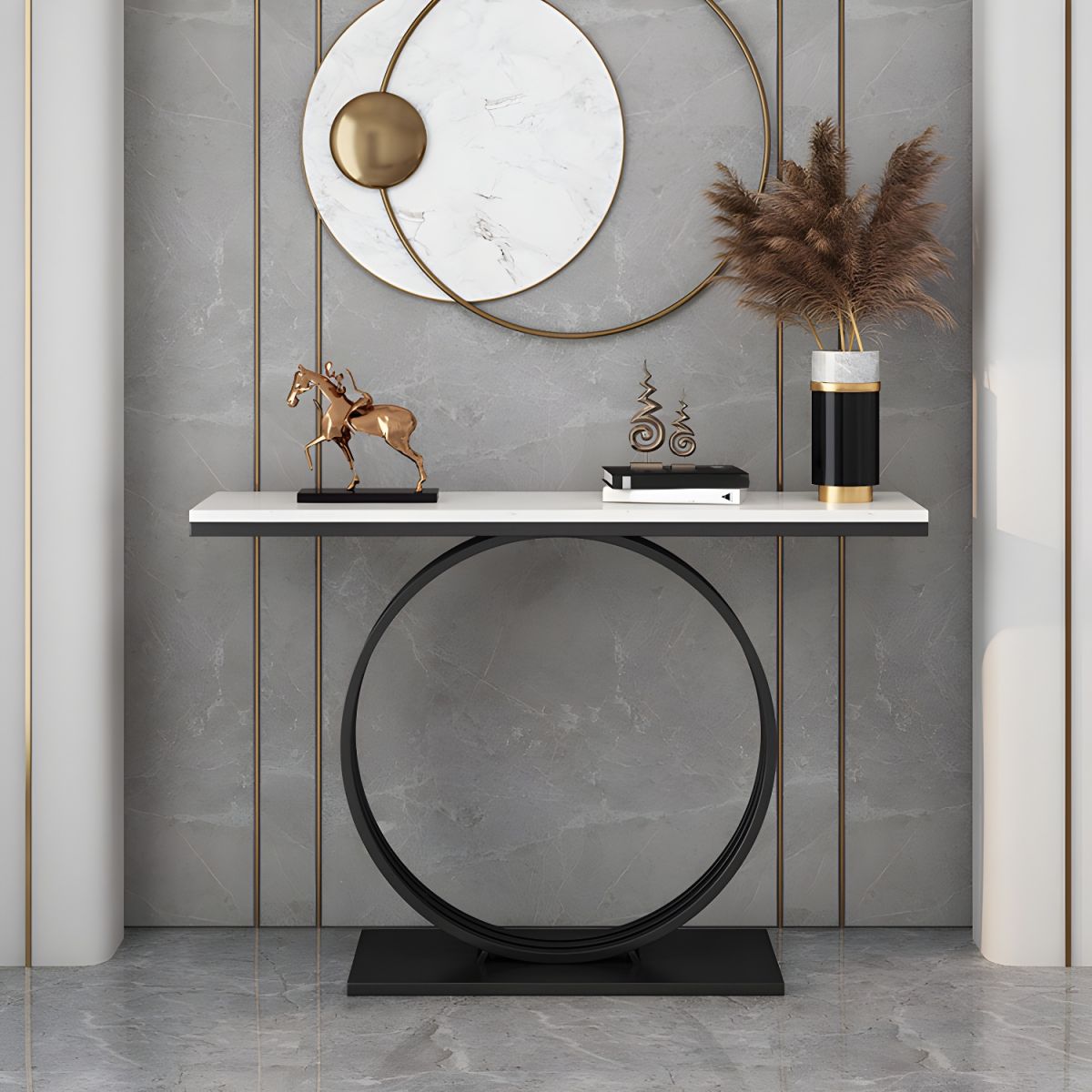 Minimalist Marble Console Table with Sleek Black Circular Base