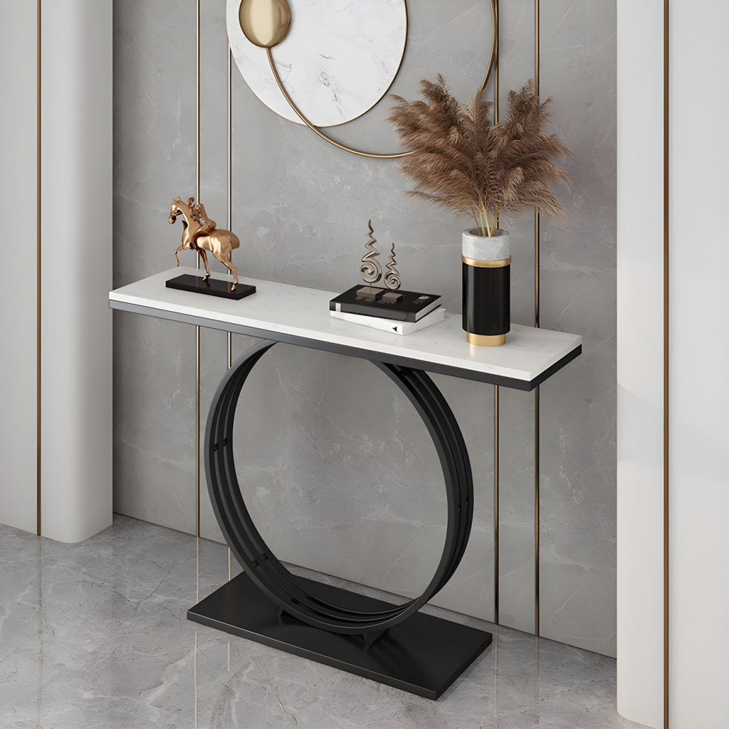 Minimalist Marble Console Table with Sleek Black Circular Base